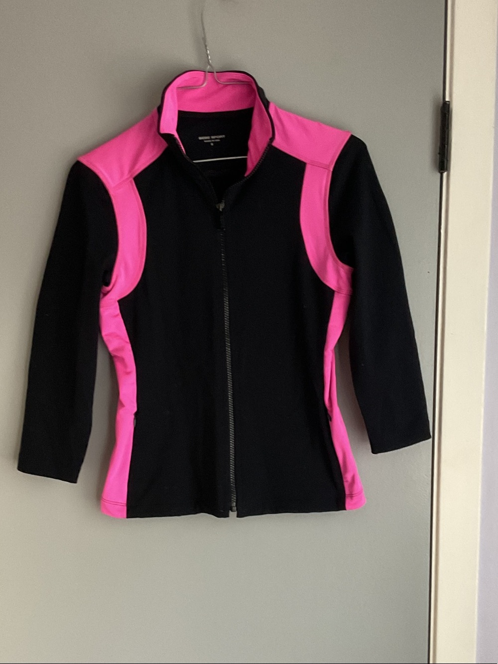 bebe Black and Hot Pink Zip-Front Utility Jacket; 3/4 sleeves